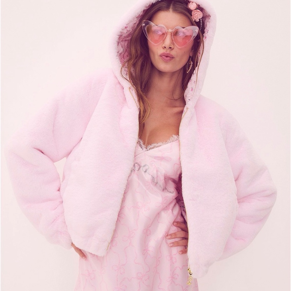MWT PINK x LoveShackFancy Pink Faux-Fur Cropped Bomber Jacket Large